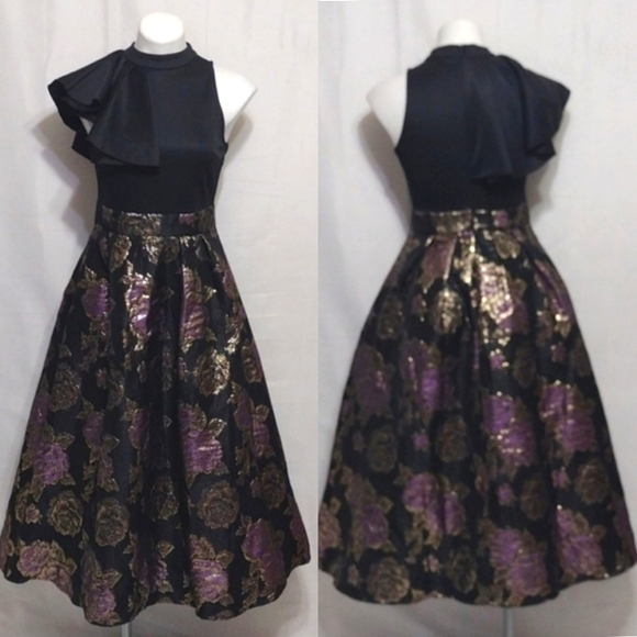 Exaggerated Ruffle Trim Jacquard Midi Dress Black Gold Purple Elegant Party - Picture 1 of 15